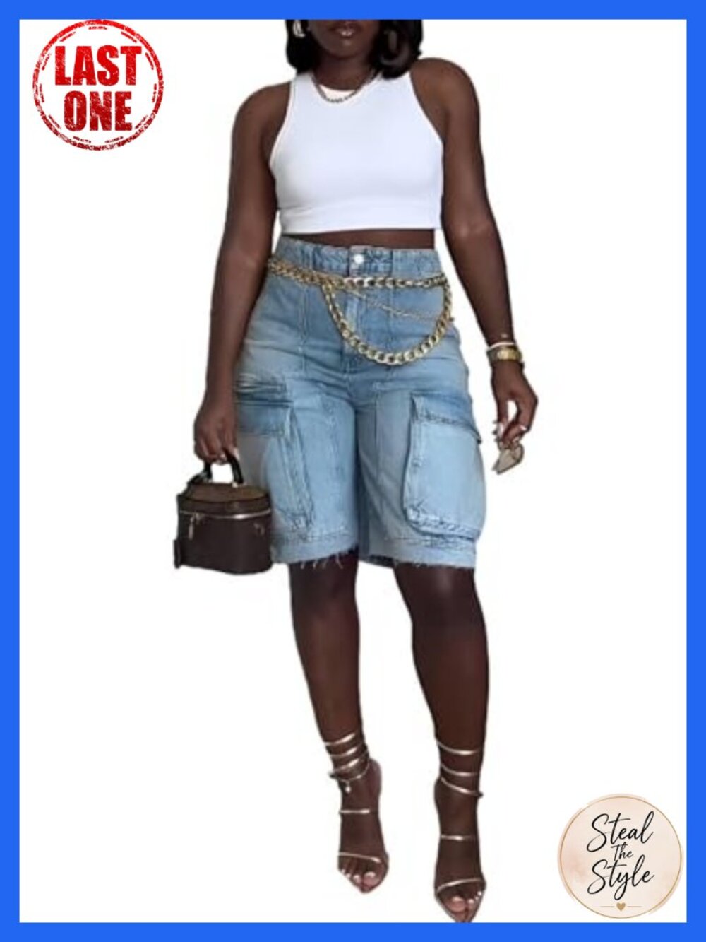 High Waist Straight Leg Cargo Jean Shorts with Pockets